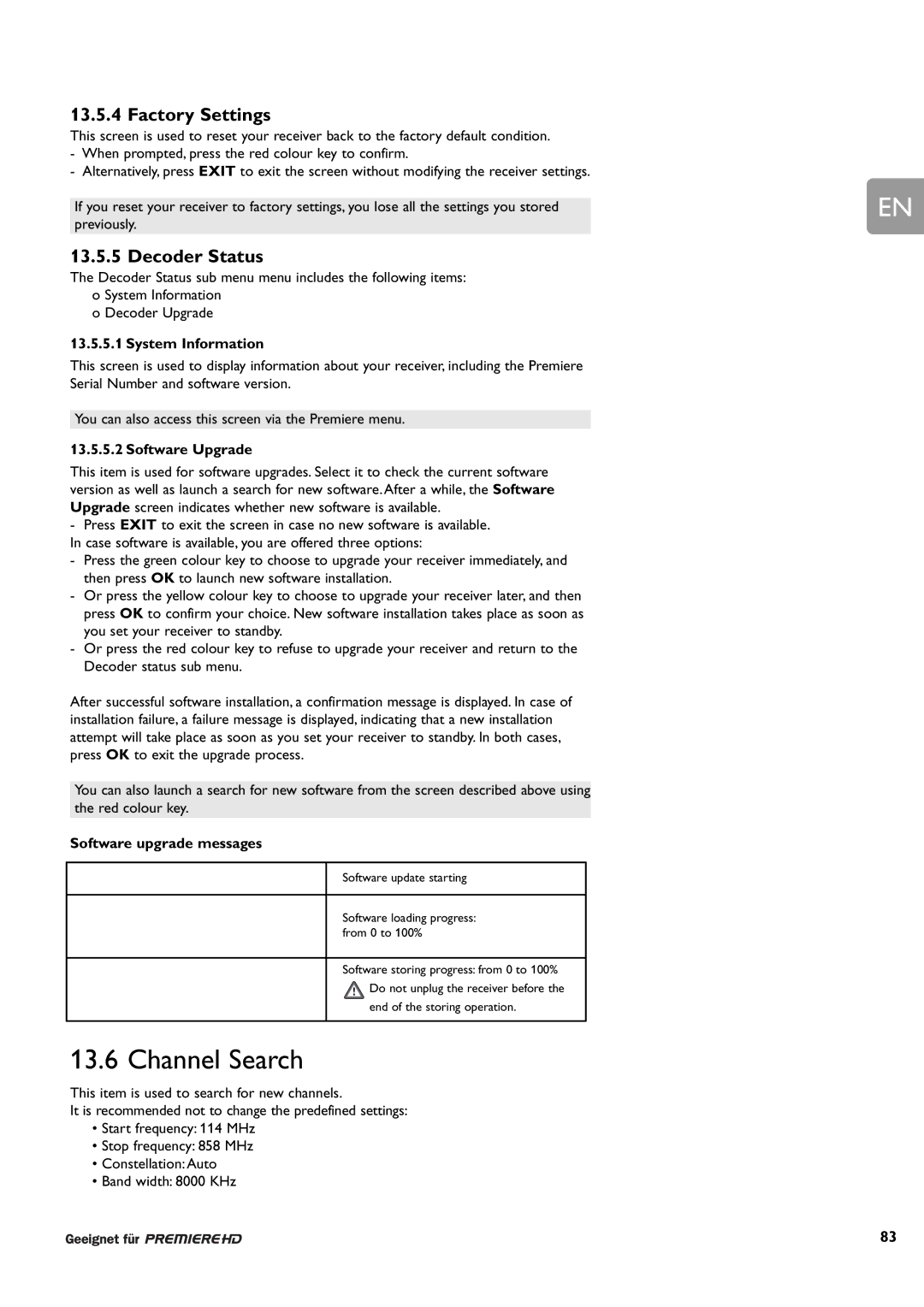 Philips DCR 9000 user manual Decoder Status, System Information, Software Upgrade, Software upgrade messages 