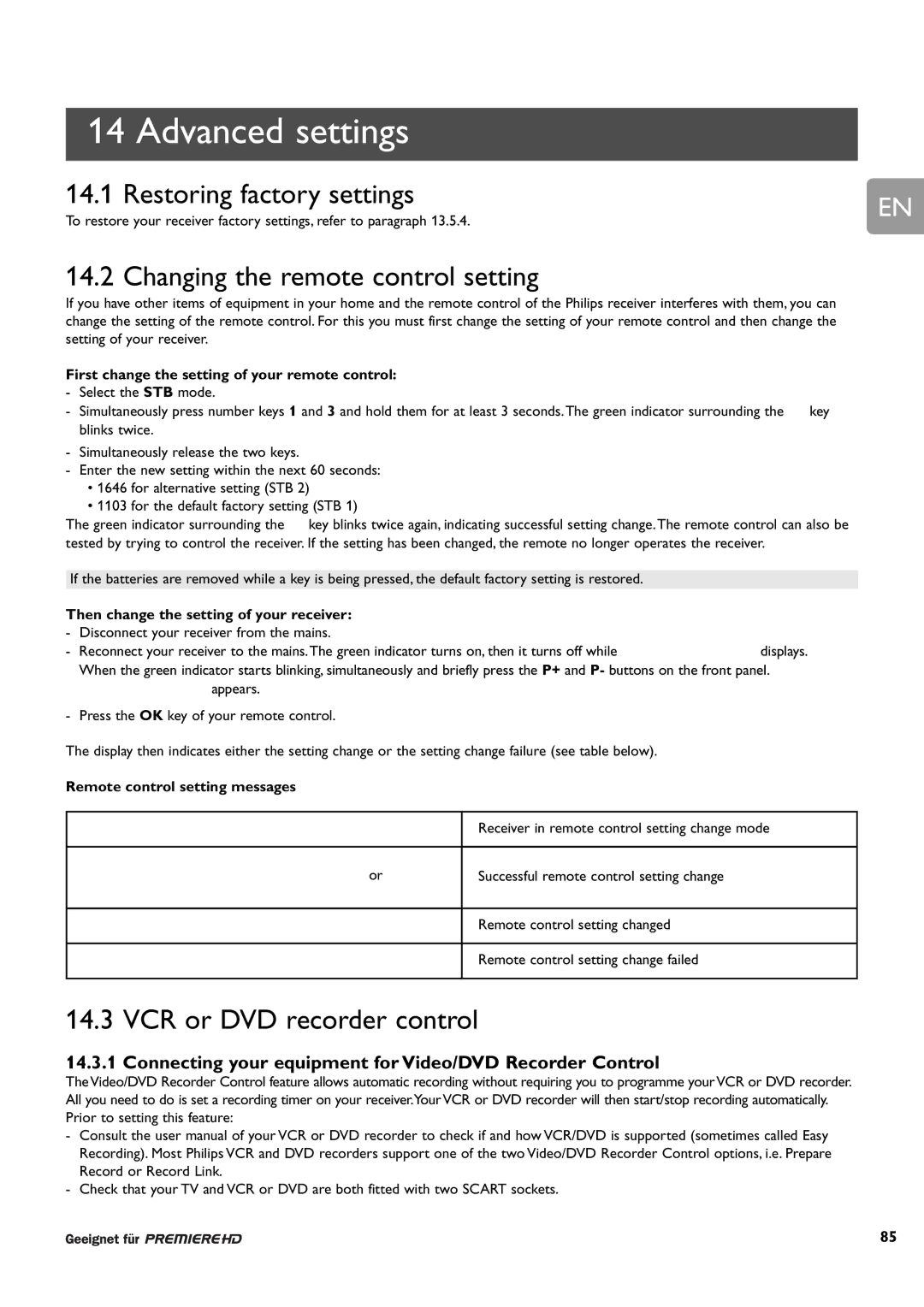 Philips DCR 9000 user manual Advanced settings, Restoring factory settings, Changing the remote control setting 