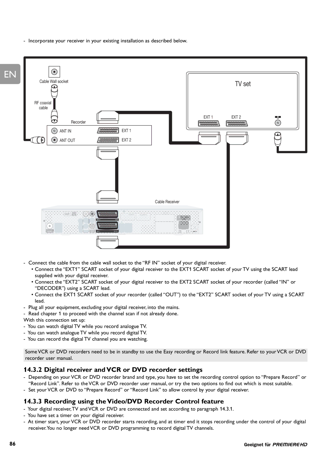 Philips DCR 9000 Digital receiver and VCR or DVD recorder settings, Recording using the Video/DVD Recorder Control feature 