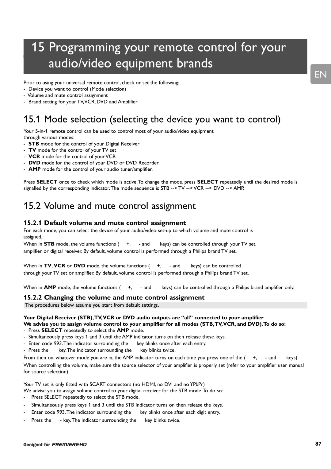 Philips DCR 9000 user manual Mode selection selecting the device you want to control, Volume and mute control assignment 