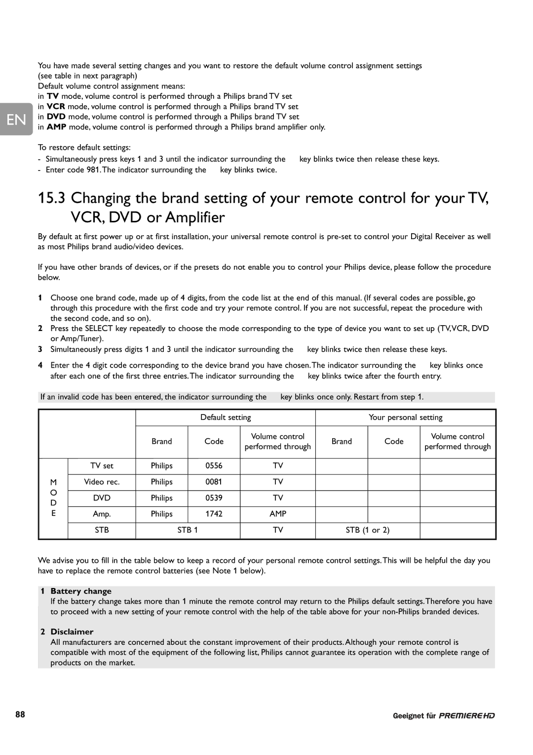 Philips DCR 9000 user manual Battery change, Disclaimer, Stb 