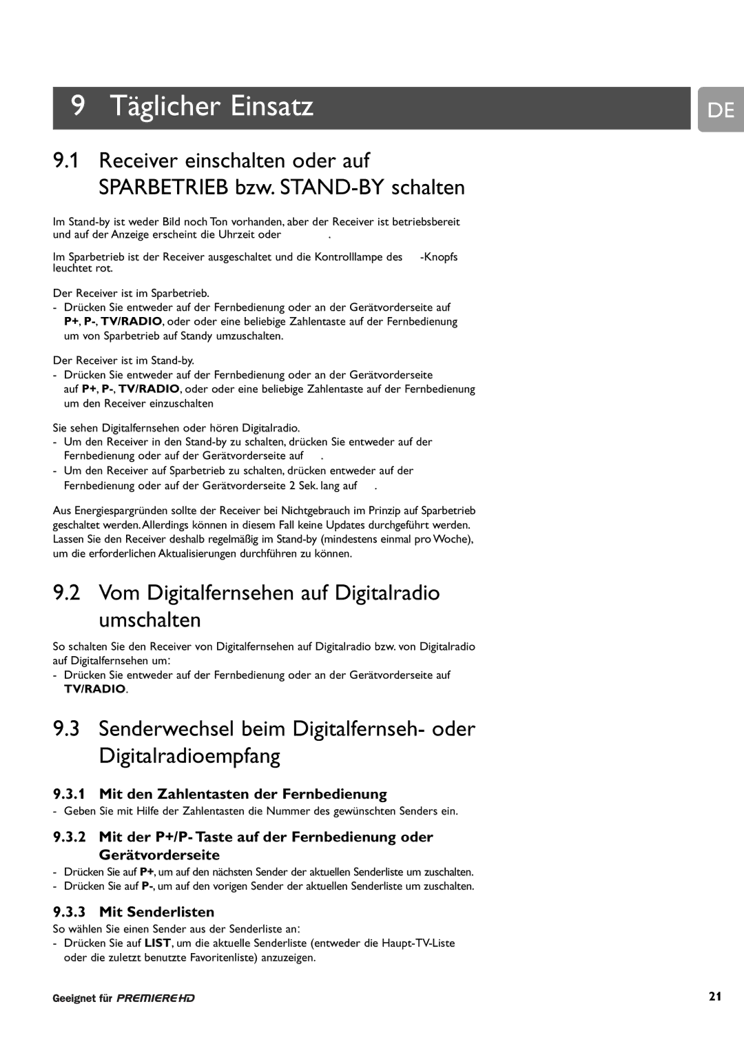 Philips DCR 9000 user manual Täglicher Einsatz, Vom Digitalfernsehen auf Digitalradio umschalten, Mit Senderlisten 