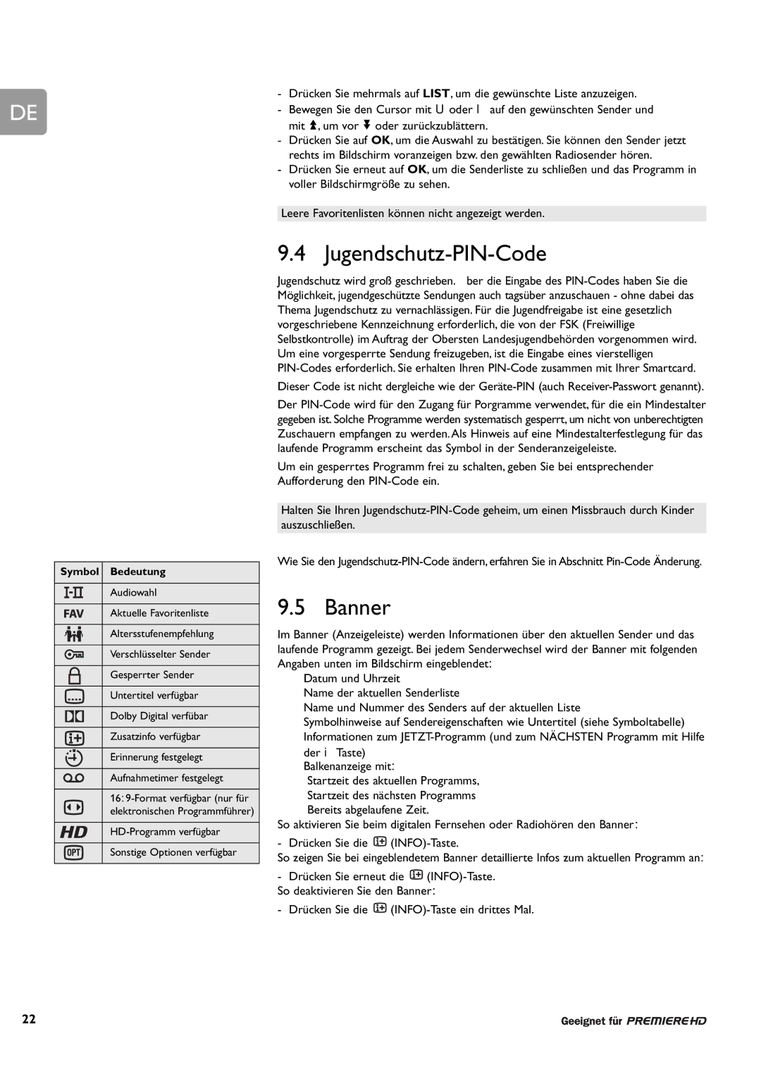 Philips DCR 9000 user manual Jugendschutz-PIN-Code, Banner, Drücken Sie die INFO-Taste ein drittes Mal 