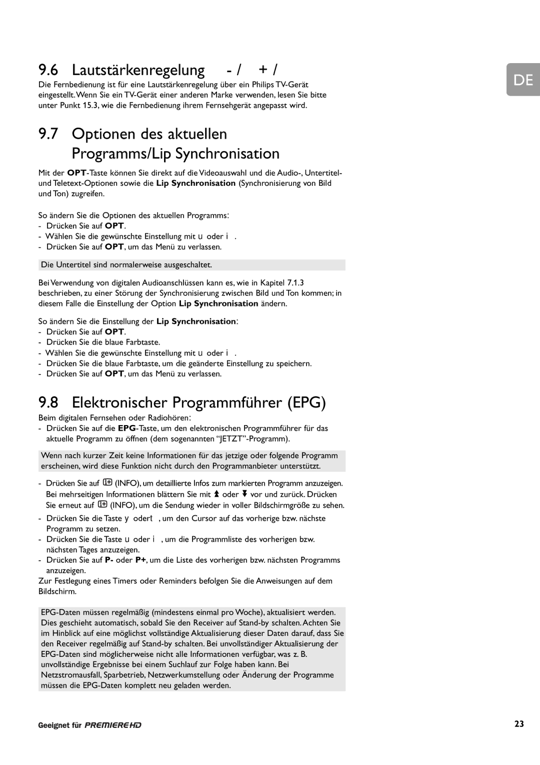 Philips DCR 9000 Lautstärkenregelung / +, Elektronischer Programmführer EPG, Beim digitalen Fernsehen oder Radiohören 