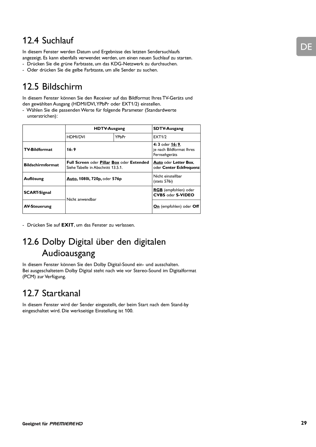 Philips DCR 9000 user manual Suchlauf, Bildschirm, Dolby Digital über den digitalen Audioausgang, Startkanal 