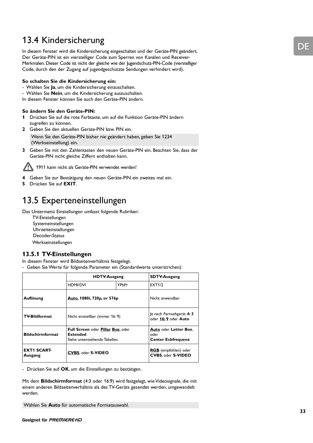 Philips DCR 9000 user manual Experteneinstellungen, TV-Einstellungen, So schalten Sie die Kindersicherung ein 