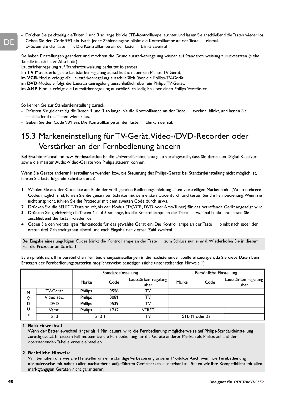 Philips DCR 9000 user manual Batteriewechsel, Rechtliche Hinweise 