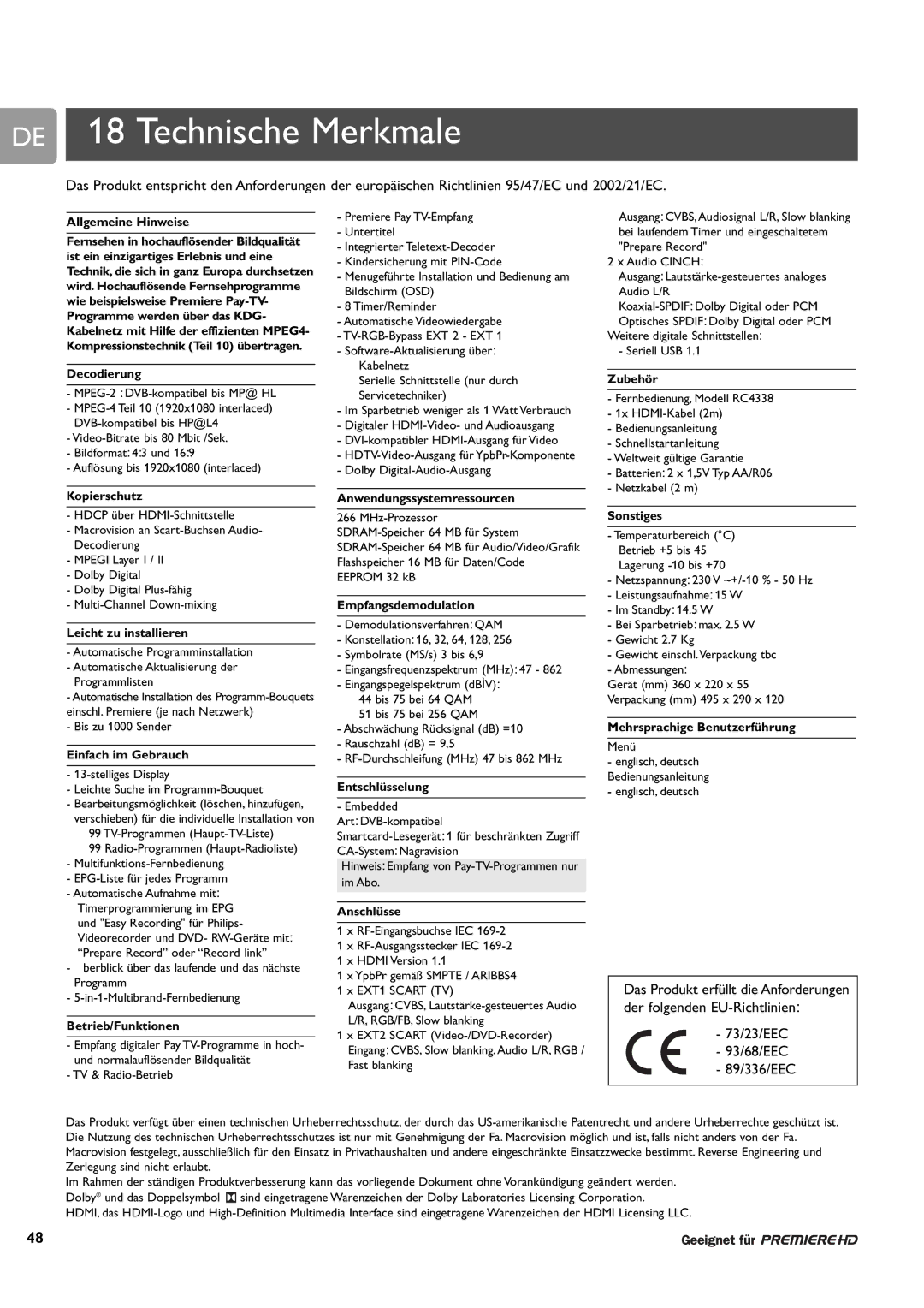 Philips DCR 9000 user manual DE 18 Technische Merkmale, 73/23/EEC 93/68/EEC 89/336/EEC 