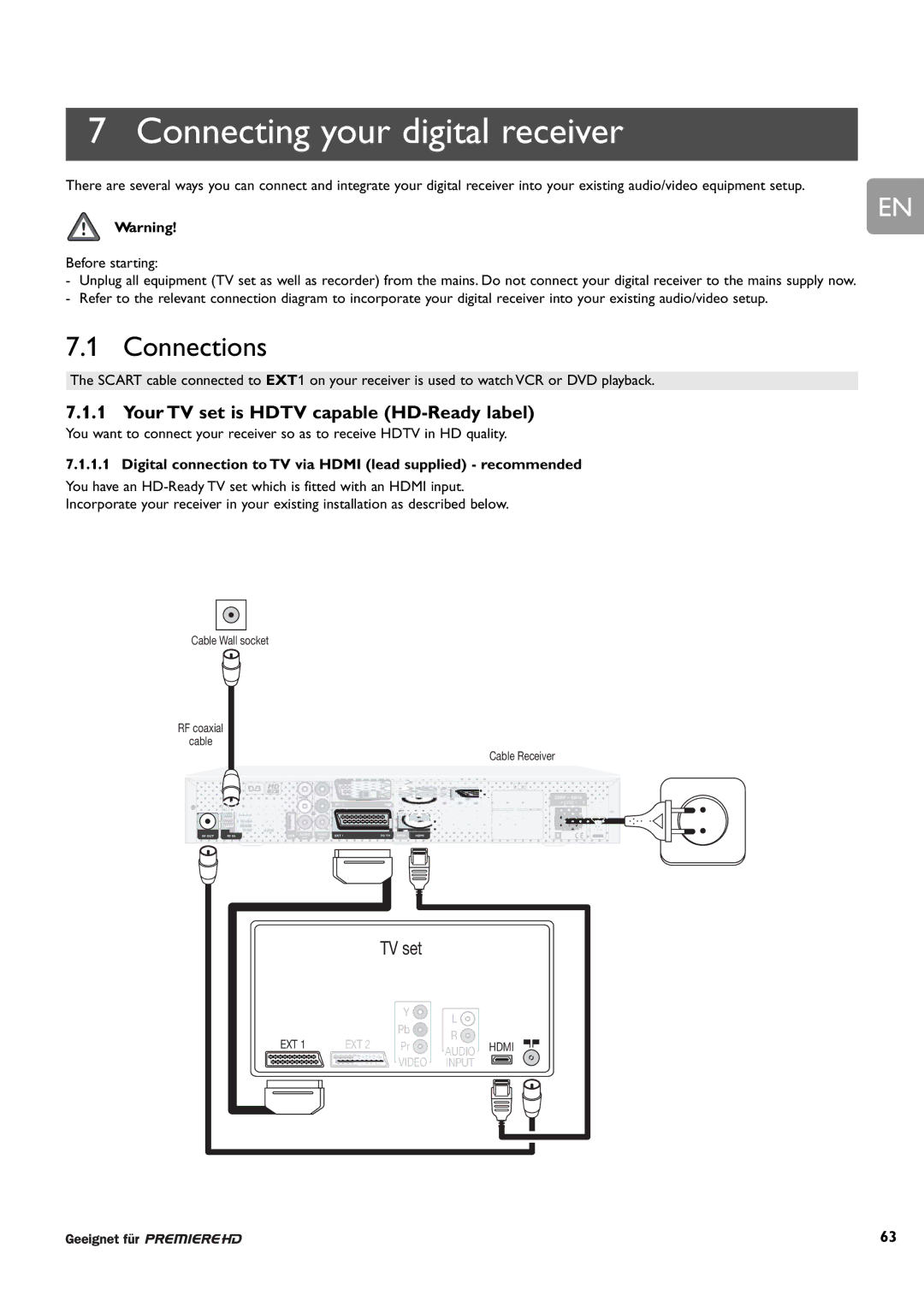 Philips DCR 9001/02 user manual Connecting your digital receiver, Connections, Your TV set is Hdtv capable HD-Ready label 