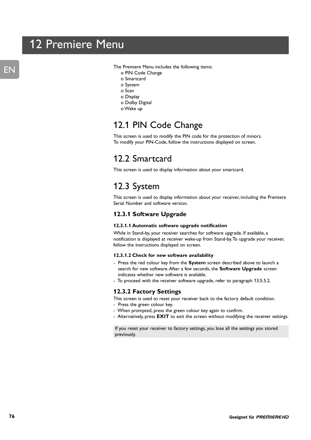 Philips DCR 9001/02 user manual PIN Code Change, Smartcard, System, Software Upgrade, Factory Settings 