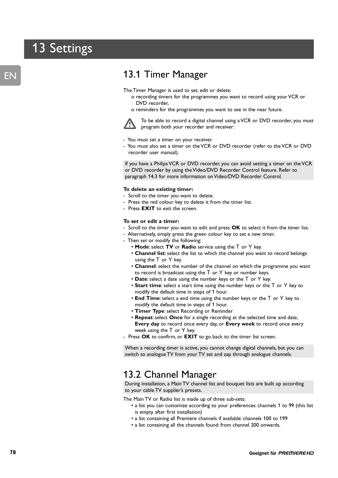 Philips DCR 9001/02 Settings, Timer Manager, Channel Manager, To delete an existing timer, To set or edit a timer 