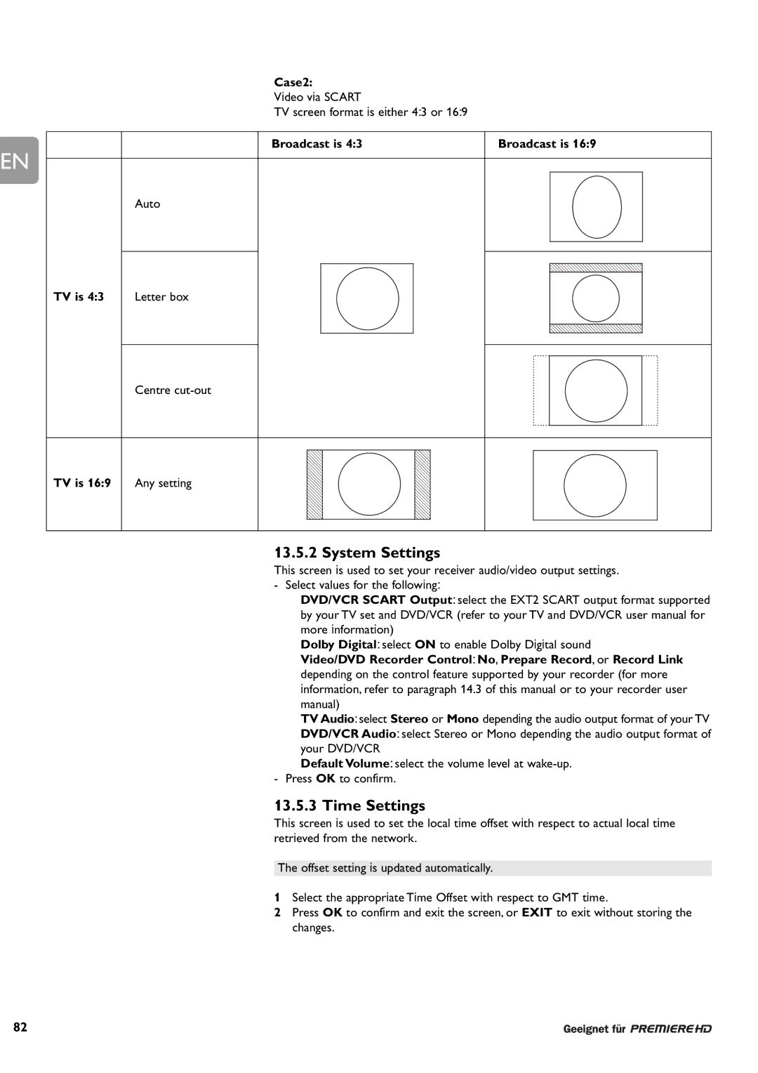 Philips DCR 9001/02 user manual System Settings, Time Settings, Case2, TV is 169 Any setting 