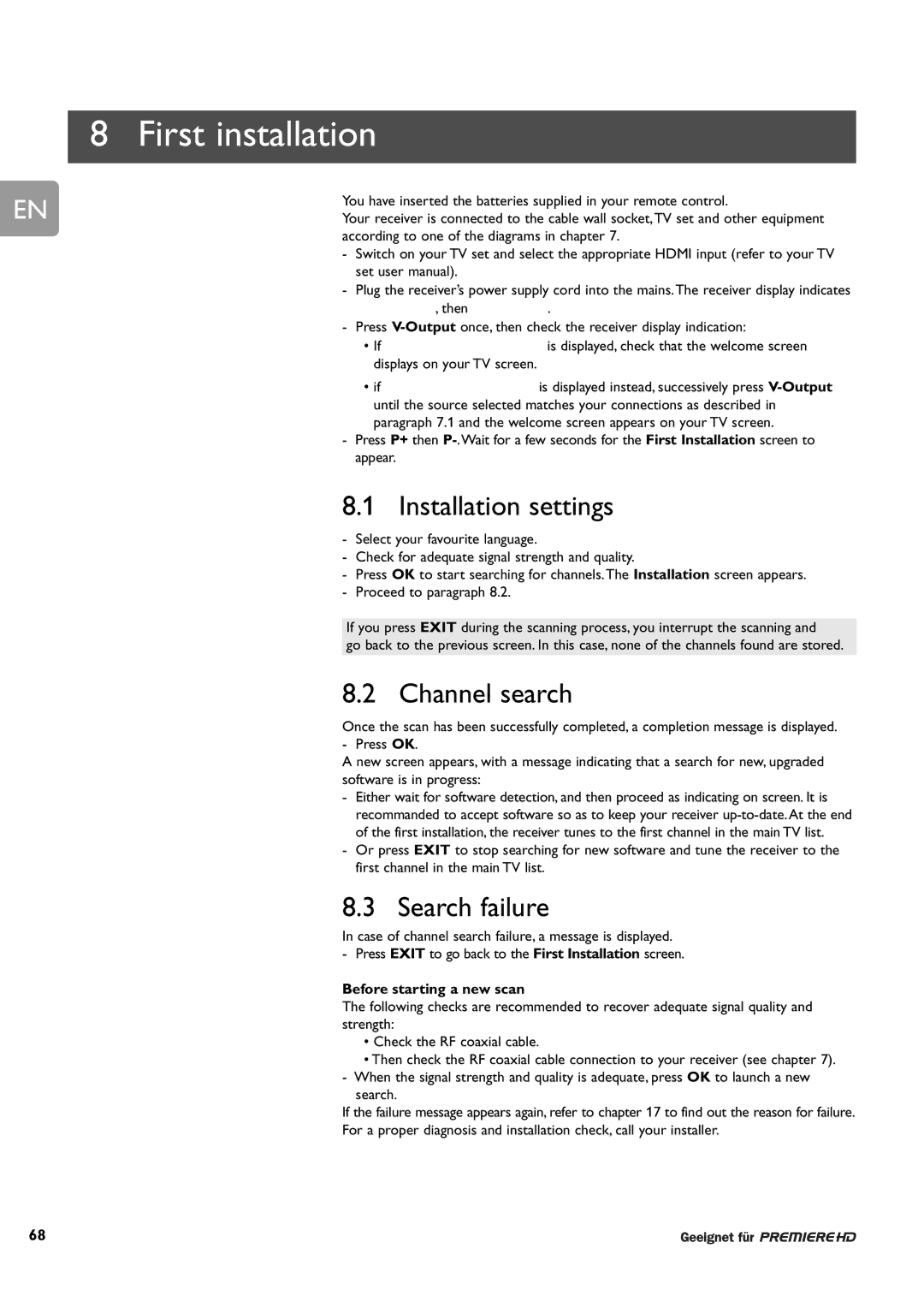 Philips DCR 9001/22 First installation, Installation settings, Channel search, Search failure, Before starting a new scan 