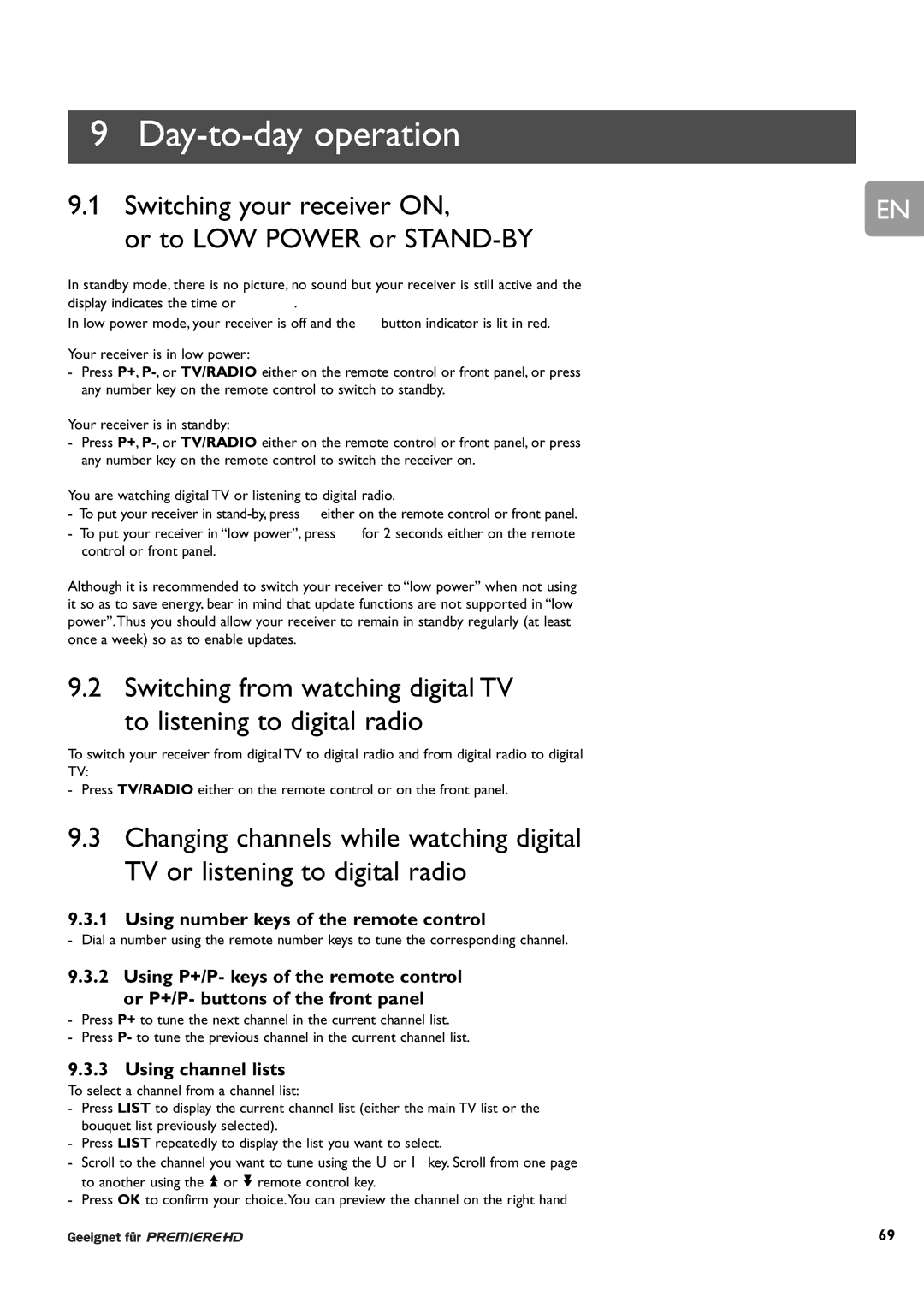 Philips DCR 9001/22 Day-to-day operation, Switching your receiver on Or to LOW Power or STAND-BY, Using channel lists 