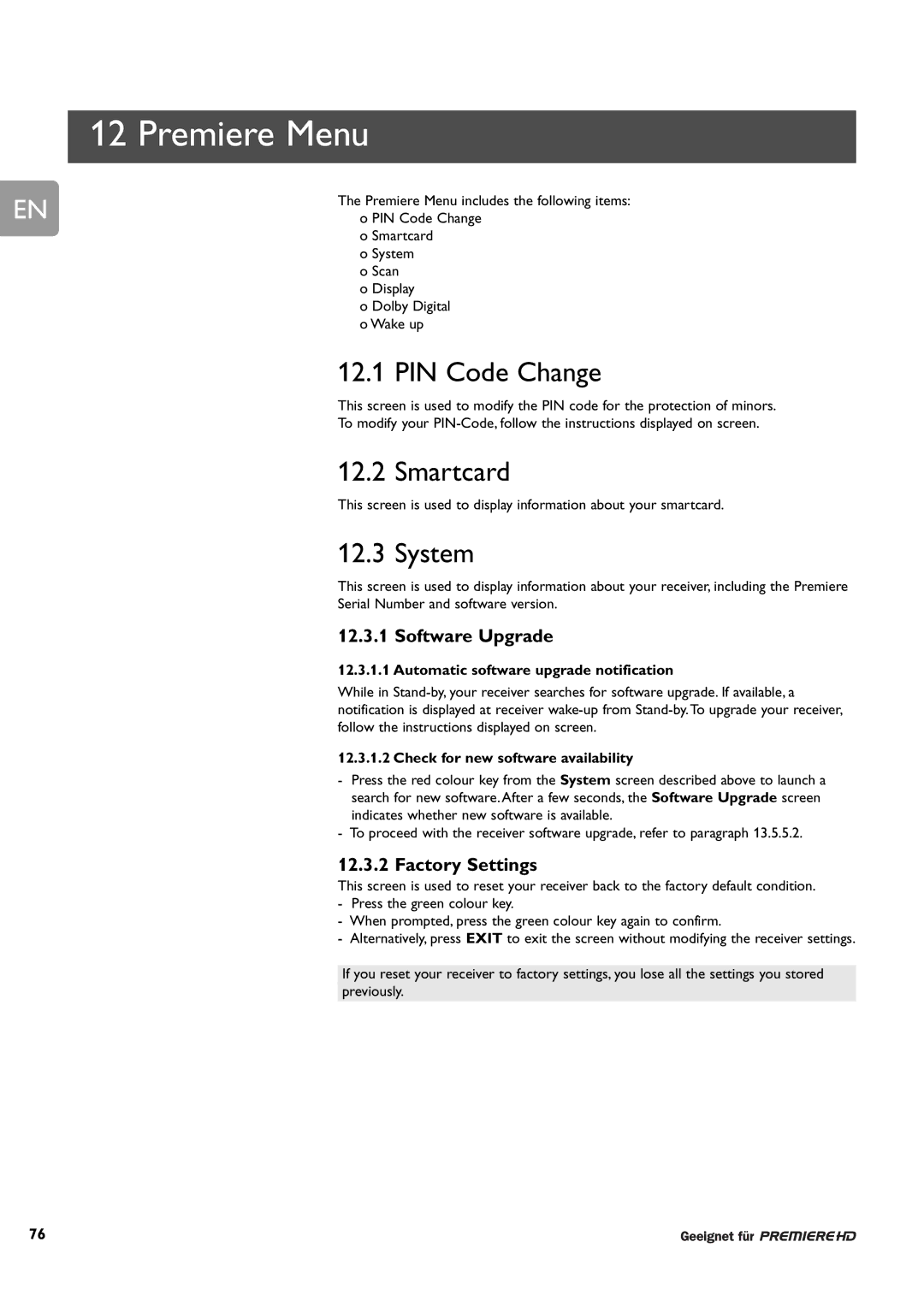 Philips DCR 9001/22 user manual PIN Code Change, Smartcard, System, Software Upgrade, Factory Settings 