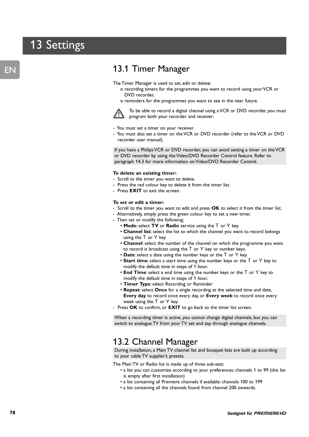 Philips DCR 9001/22 Settings, Timer Manager, Channel Manager, To delete an existing timer, To set or edit a timer 