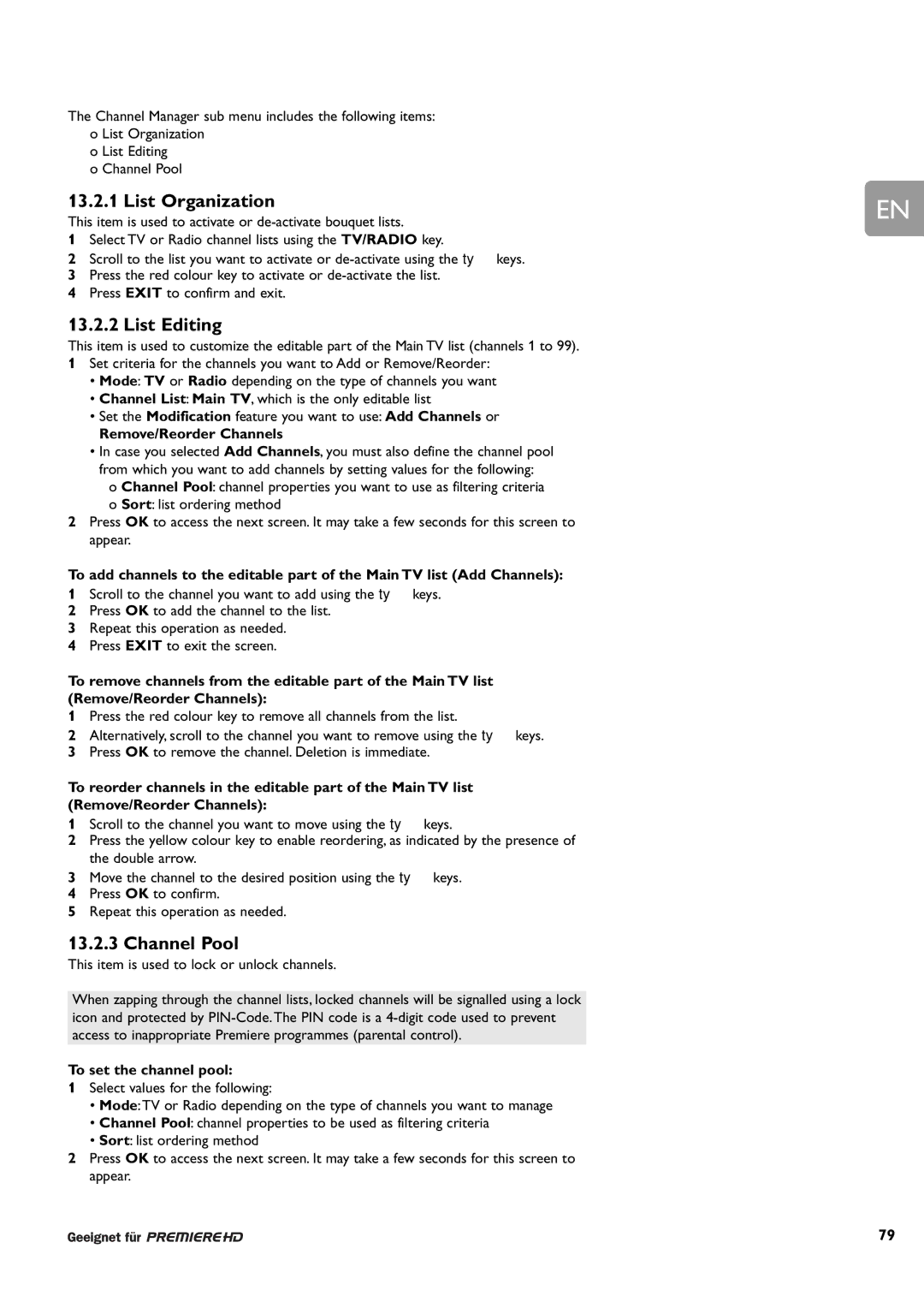 Philips DCR 9001/22 List Organization, List Editing, Channel Pool, Remove/Reorder Channels, To set the channel pool 