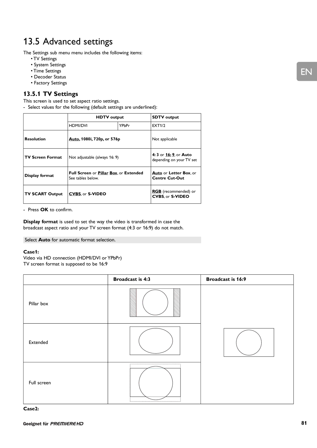 Philips DCR 9001/22 user manual Advanced settings, TV Settings, Case1, Broadcast is, Case2 