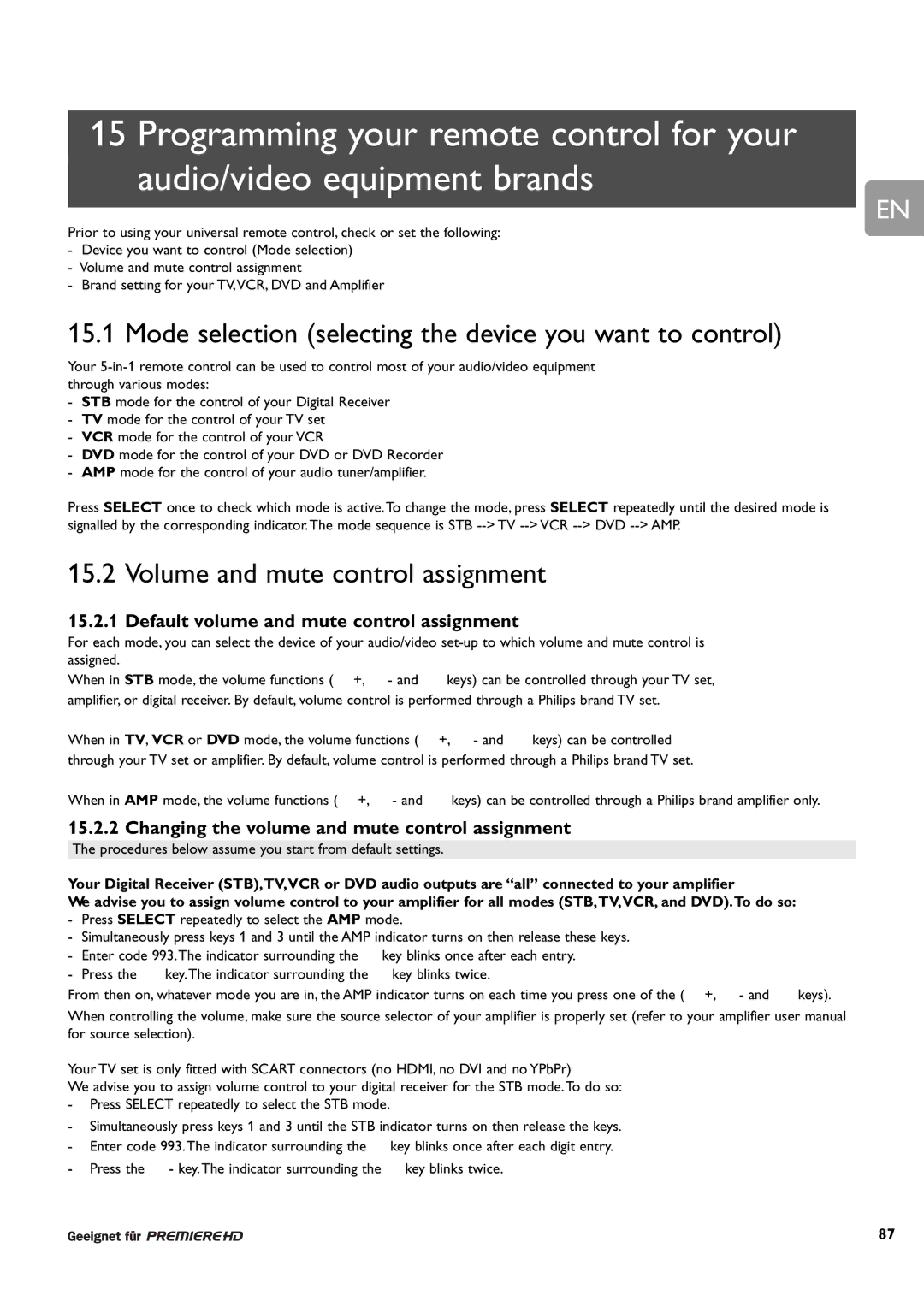 Philips DCR 9001/22 user manual Mode selection selecting the device you want to control, Volume and mute control assignment 