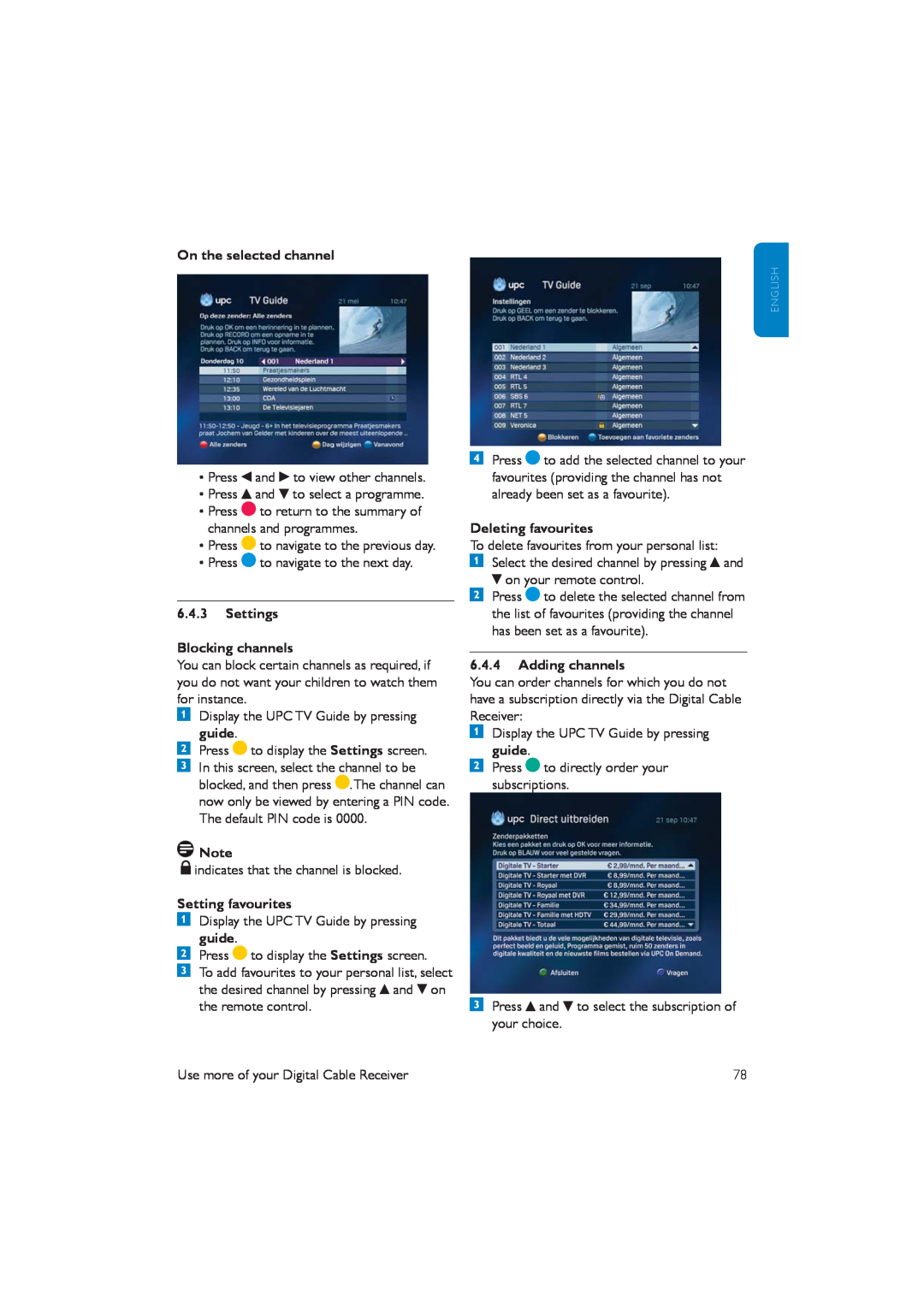 Philips DCR5012 manual On the selected channel, 6.4.3Settings Blocking channels, Setting favourites, Deleting favourites 