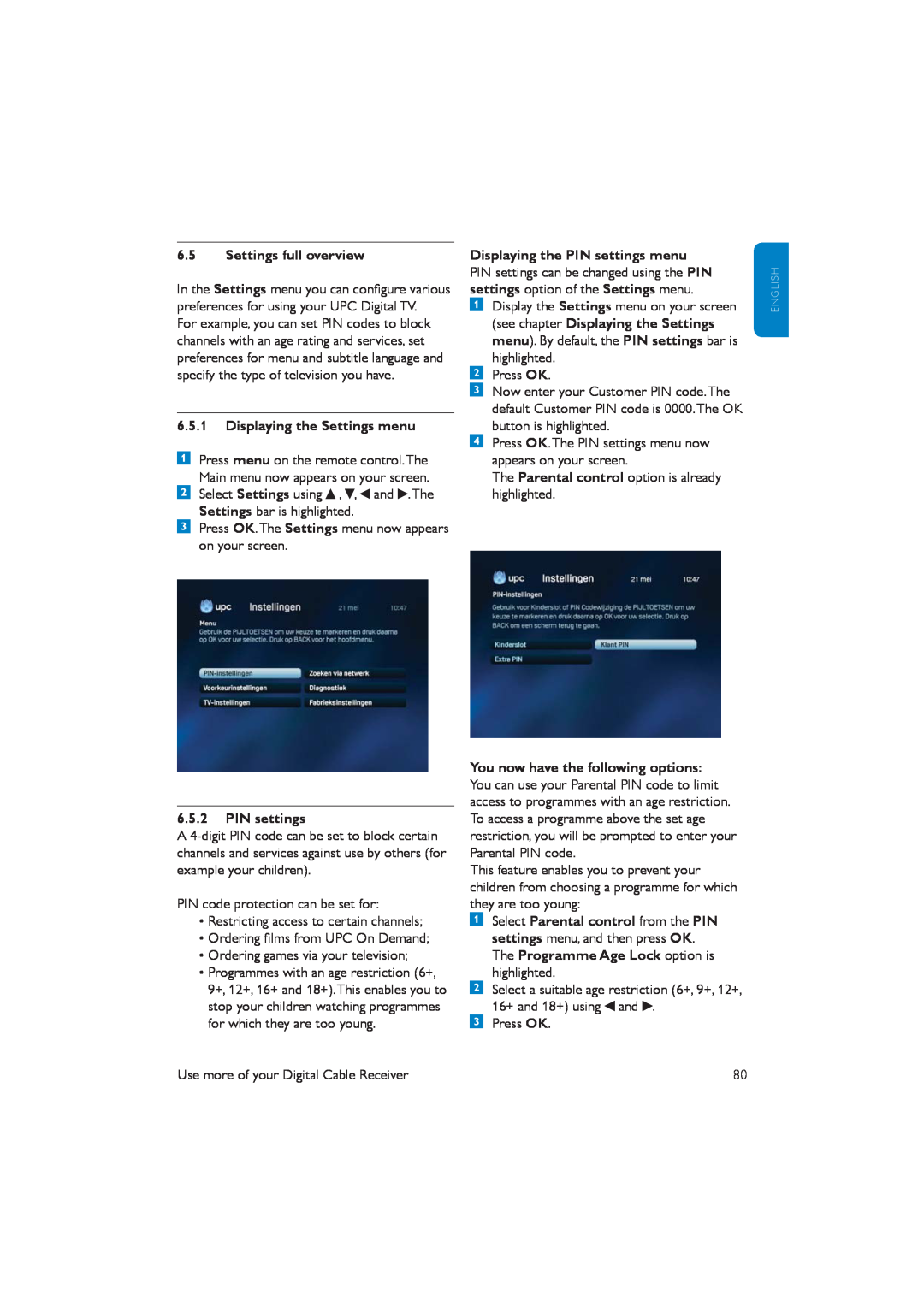 Philips DCR5012 manual 6.5Settings full overview, 6.5.1Displaying the Settings menu, 6.5.2PIN settings 
