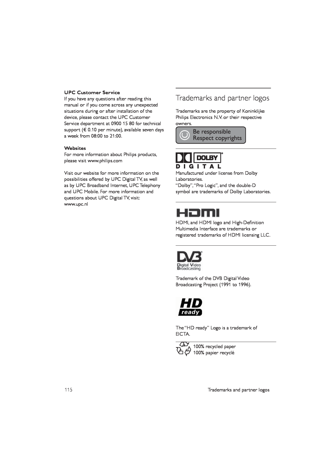 Philips DCR5012 manual Trademarks and partner logos, UPC Customer Service, Websites 
