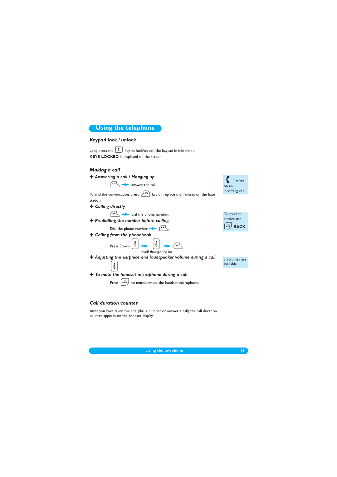 Philips DECT 122 manual Using the telephone, Keypad lock / unlock, Making a call, Call duration counter 