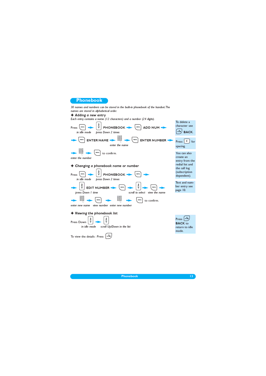 Philips DECT 122 manual Phonebook, Adding a new entry, Changing a phonebook name or number, Viewing the phonebook list 