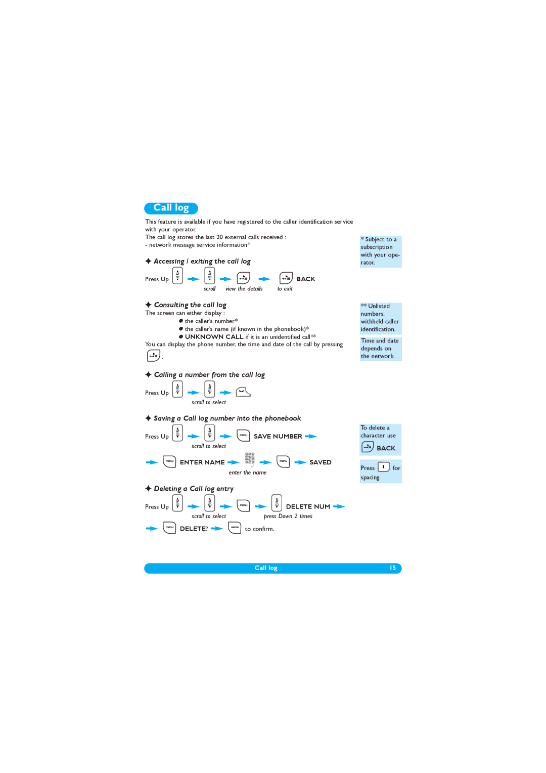 Philips DECT 122 manual Call log 