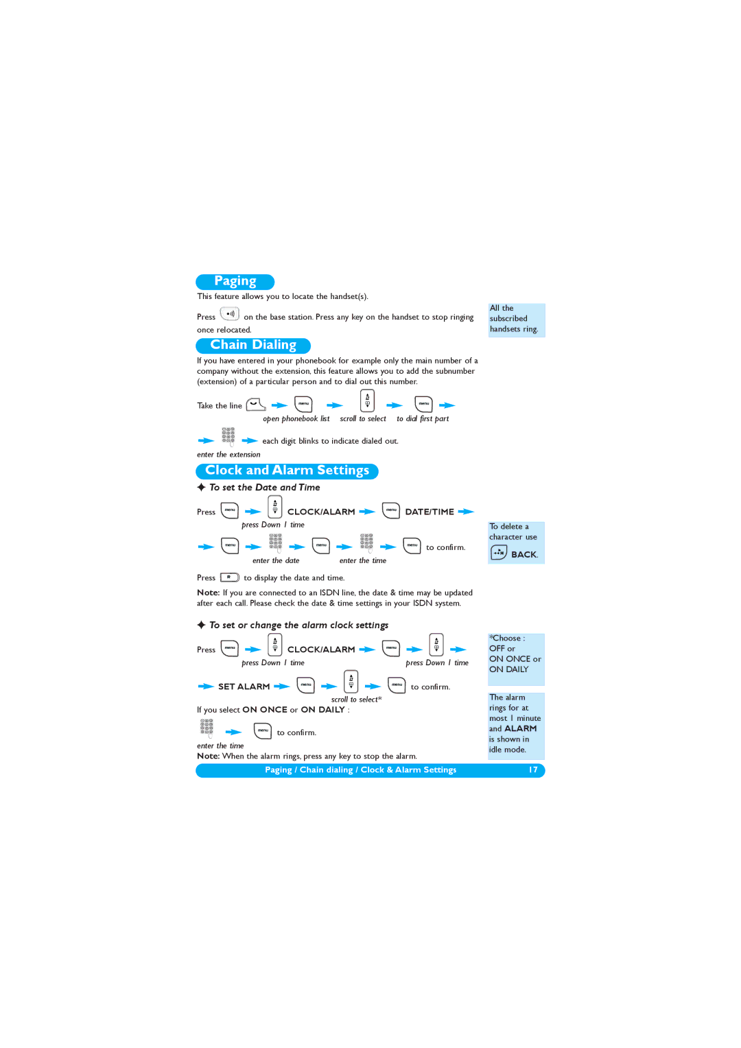 Philips DECT 122 manual Paging, Chain Dialing, Clock and Alarm Settings, To set the Date and Time 