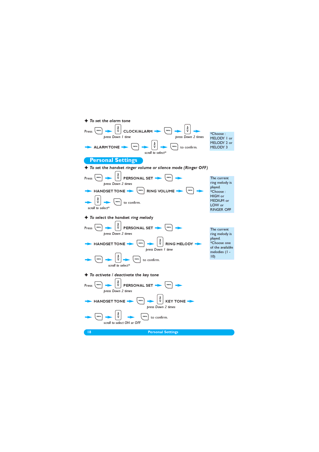 Philips DECT 122 Personal Settings, To set the alarm tone, To set the handset ringer volume or silence mode Ringer OFF 