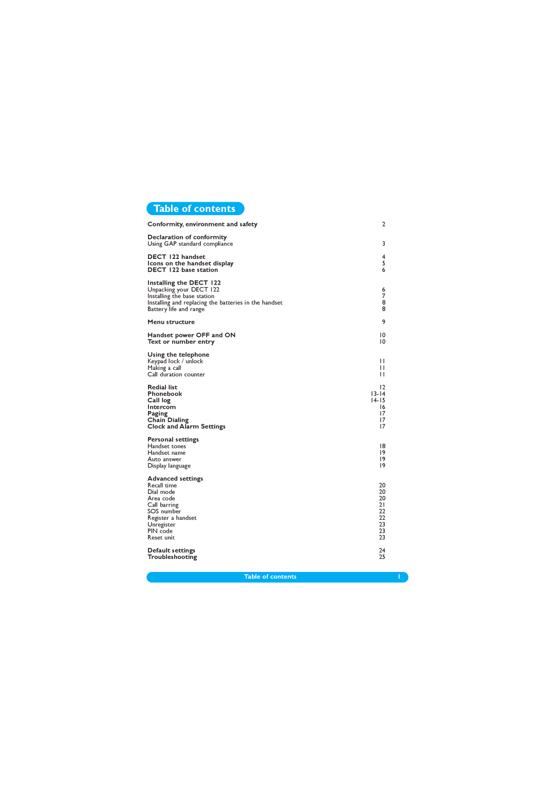 Philips DECT 122 manual Table of contents 