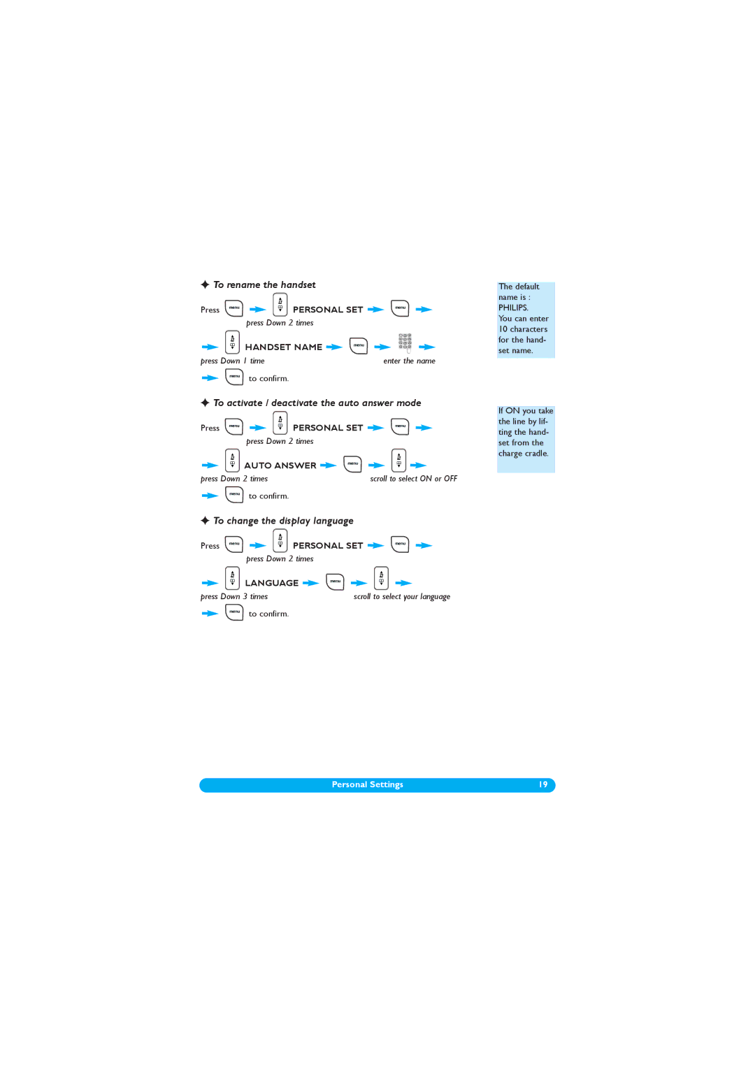 Philips DECT 122 To rename the handset, To activate / deactivate the auto answer mode, To change the display language 