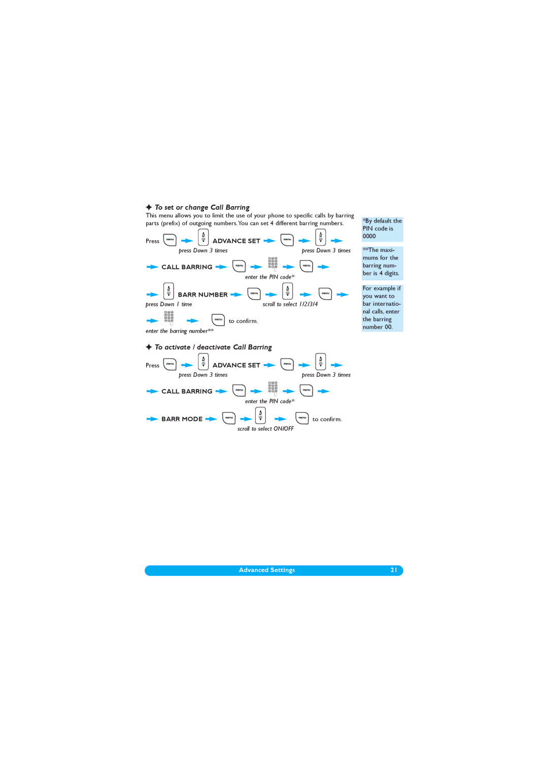 Philips DECT 122 manual To set or change Call Barring, To activate / deactivate Call Barring, Barr Number, Barr Mode 