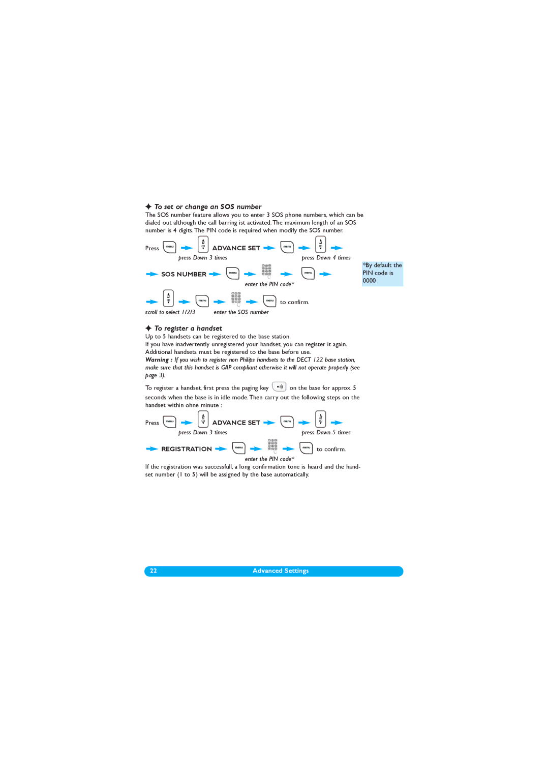 Philips DECT 122 manual To set or change an SOS number, To register a handset, SOS Number, Registration 