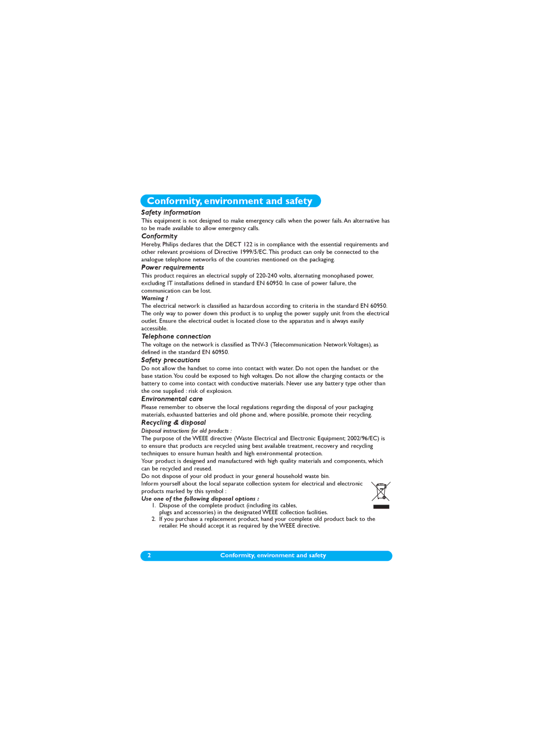 Philips DECT 122 manual Conformity, environment and safety 