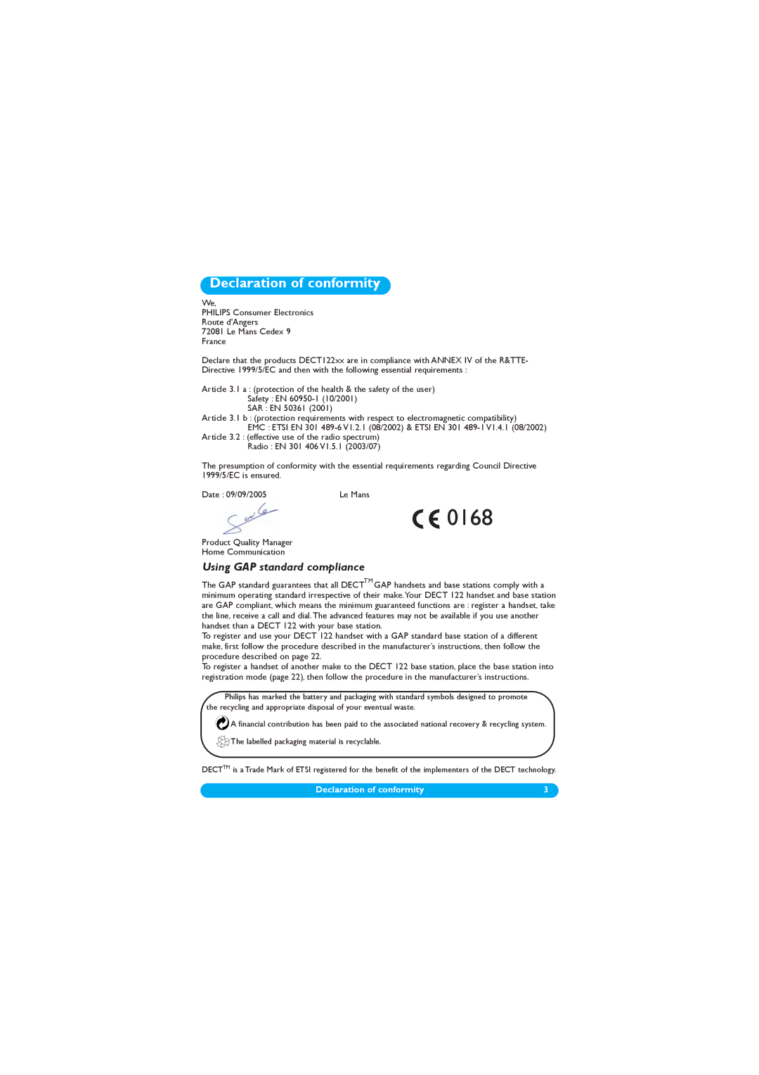 Philips DECT 122 manual Declaration of conformity, Using GAP standard compliance 