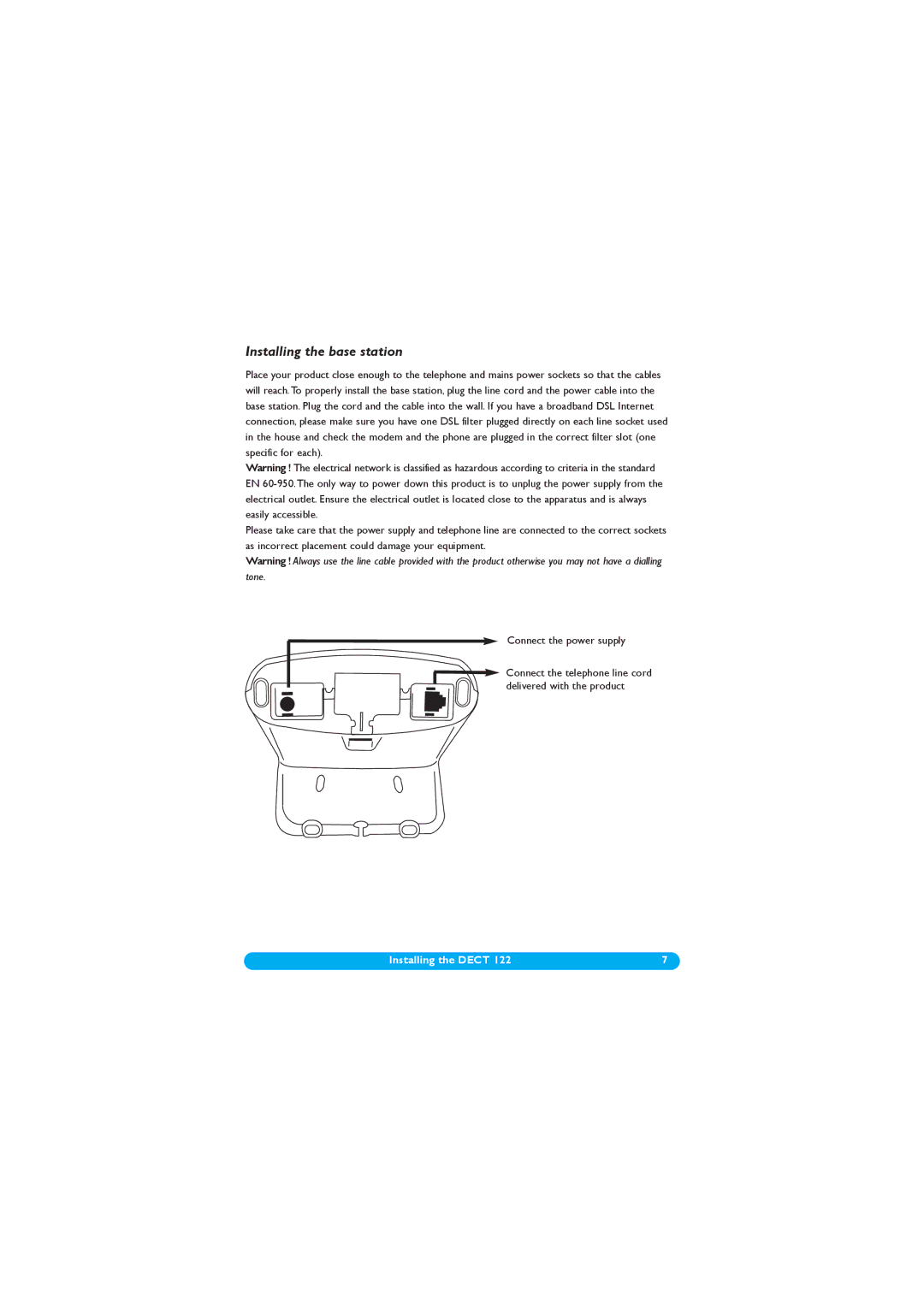 Philips DECT 122 manual Installing the base station 