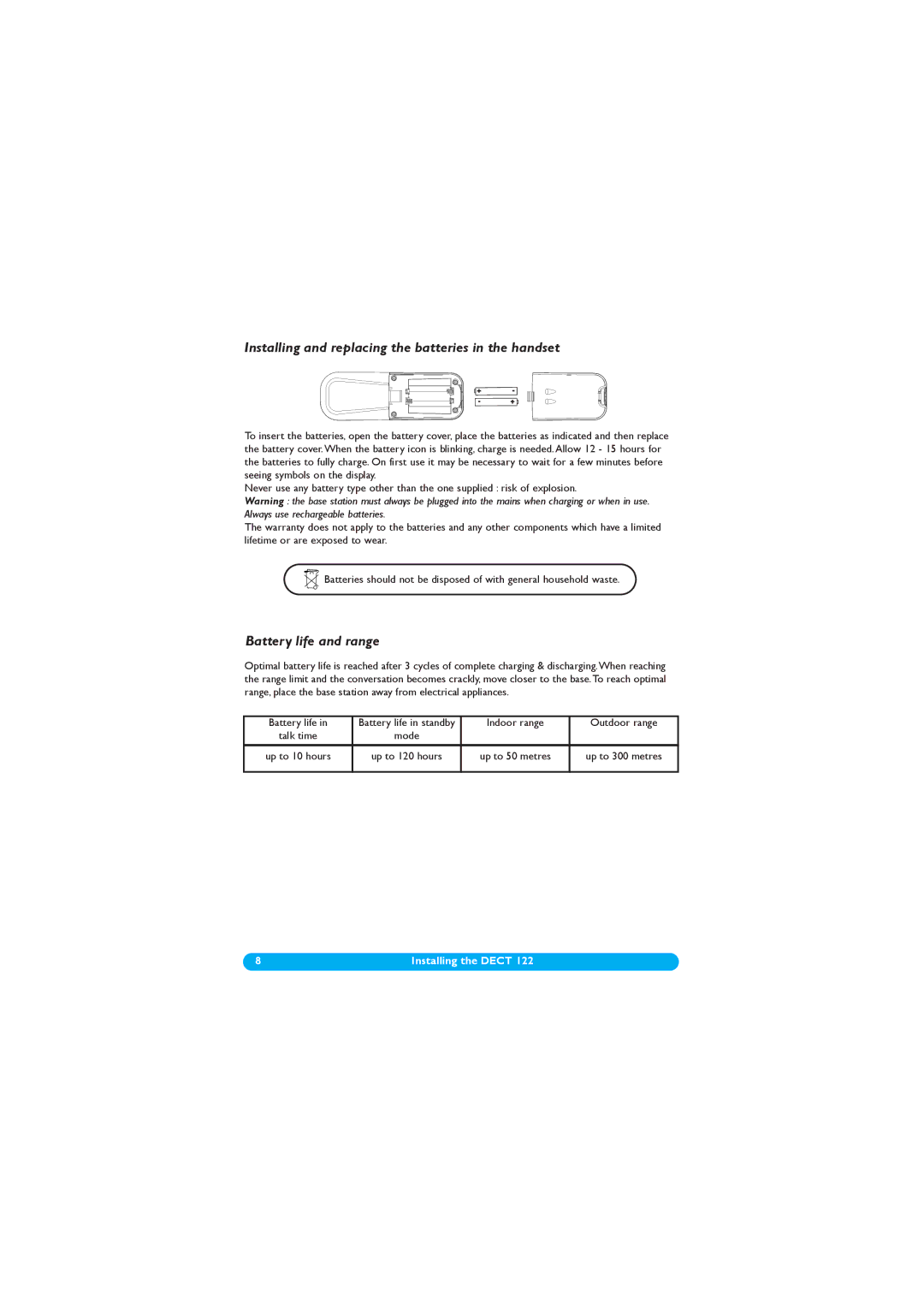 Philips DECT 122 manual Installing and replacing the batteries in the handset, Battery life and range 