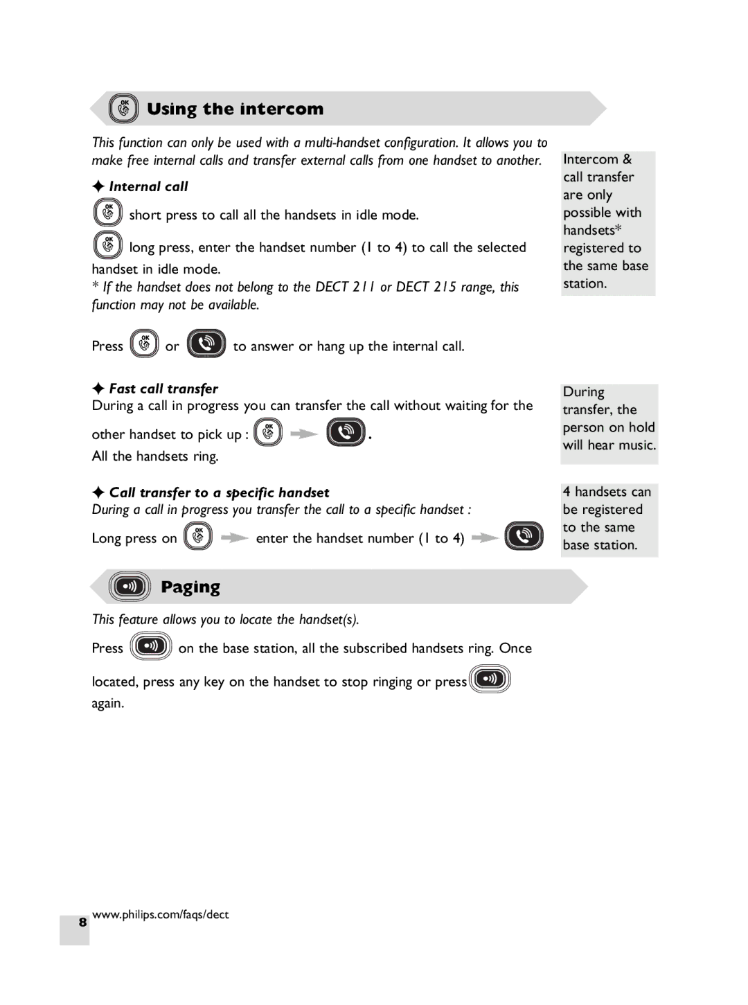 Philips DECT 211 manual Using the intercom, Paging, This feature allows you to locate the handsets 