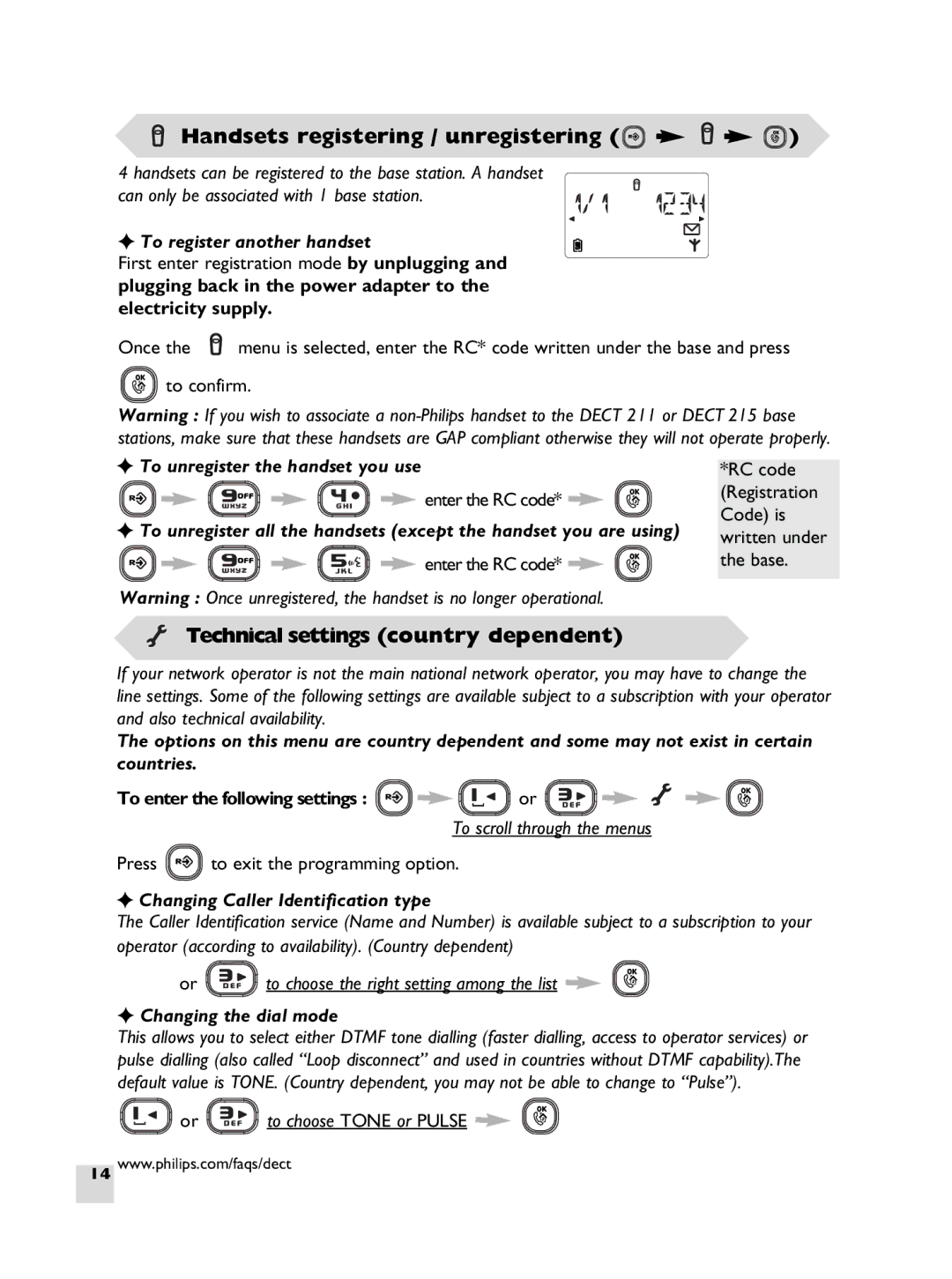 Philips DECT 211 Handsets registering / unregistering, Technical settings country dependent, Or to choose Tone or Pulse 