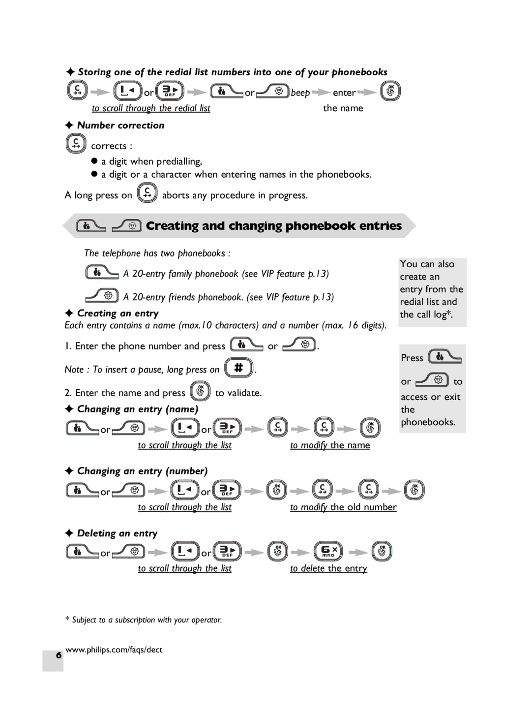 Philips DECT 211 manual Creating and changing phonebook entries, Deleting an entry To scroll through the list 