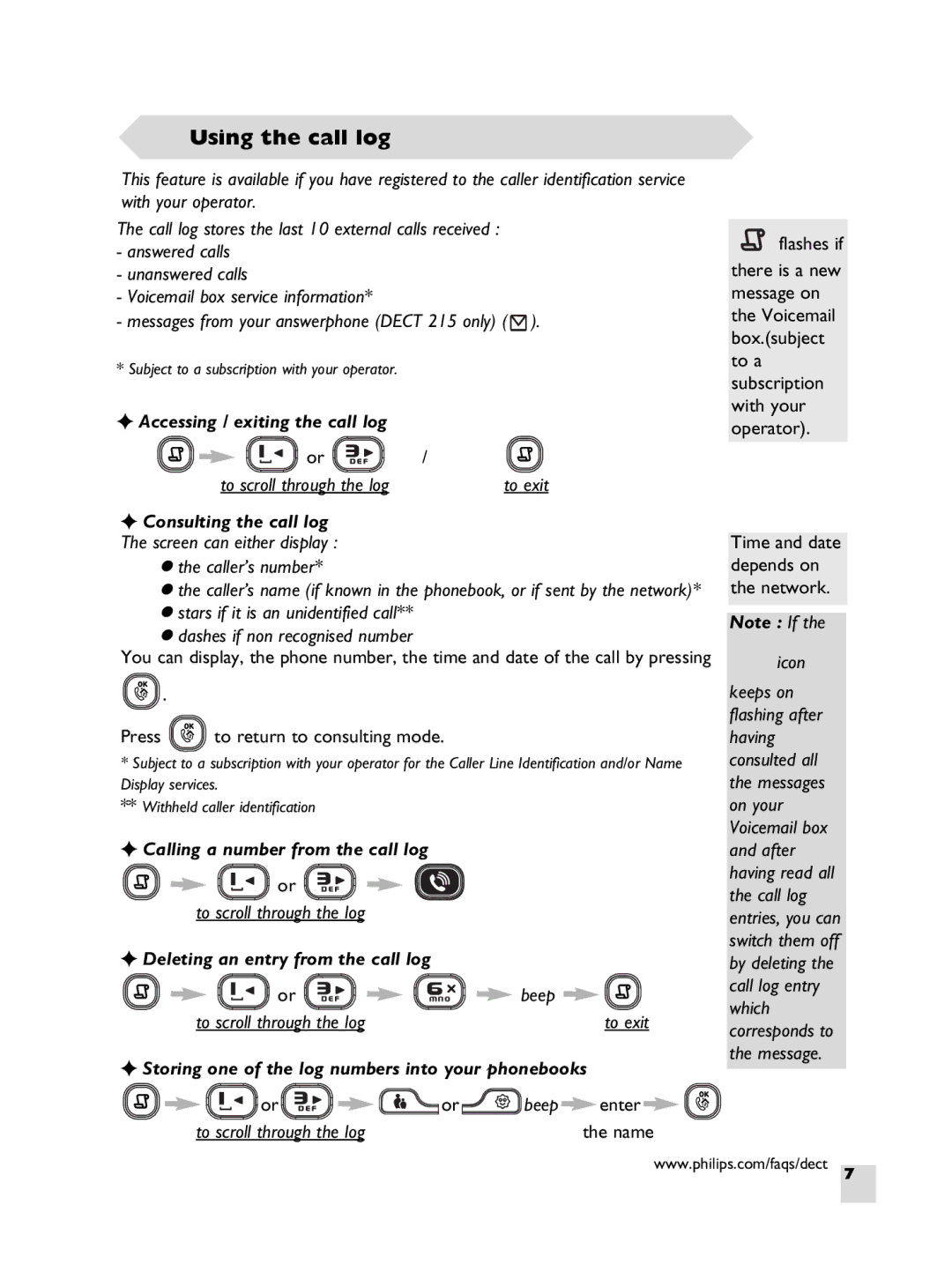 Philips DECT 211 manual Using the call log 