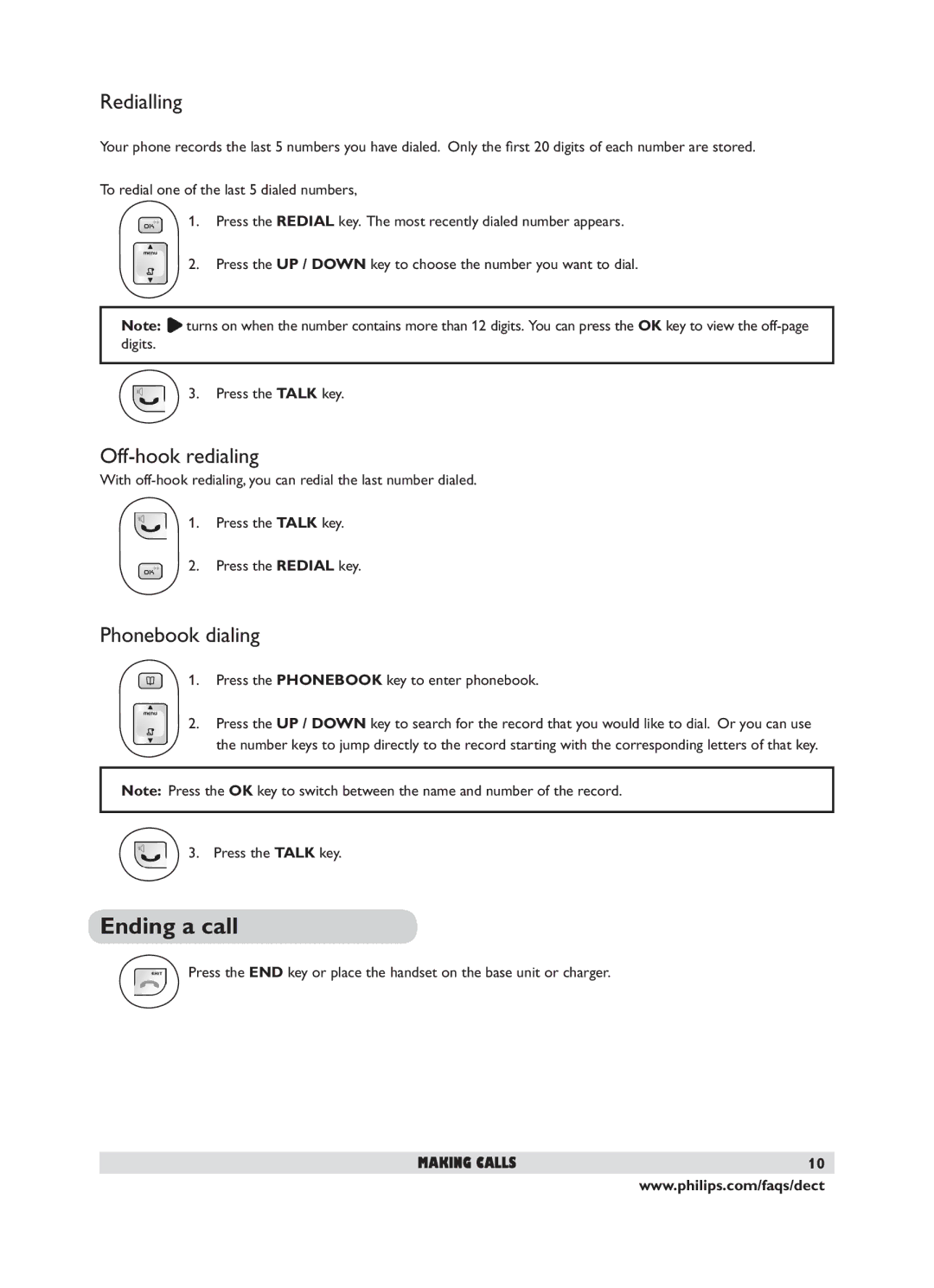 Philips DECT 221 user manual Ending a call, Redialling, Off-hook redialing, Phonebook dialing 