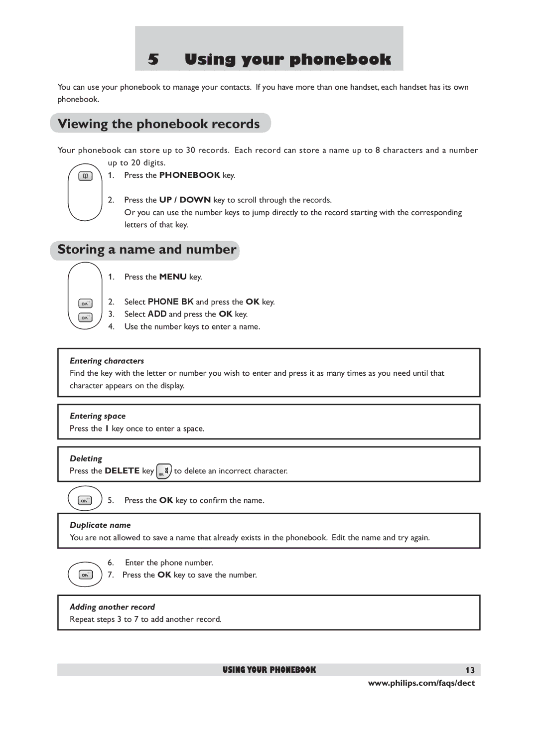 Philips DECT 221 user manual Using your phonebook, Viewing the phonebook records, Storing a name and number 