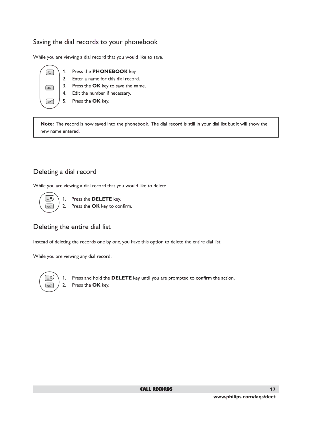 Philips DECT 221 Saving the dial records to your phonebook, Deleting a dial record, Deleting the entire dial list 