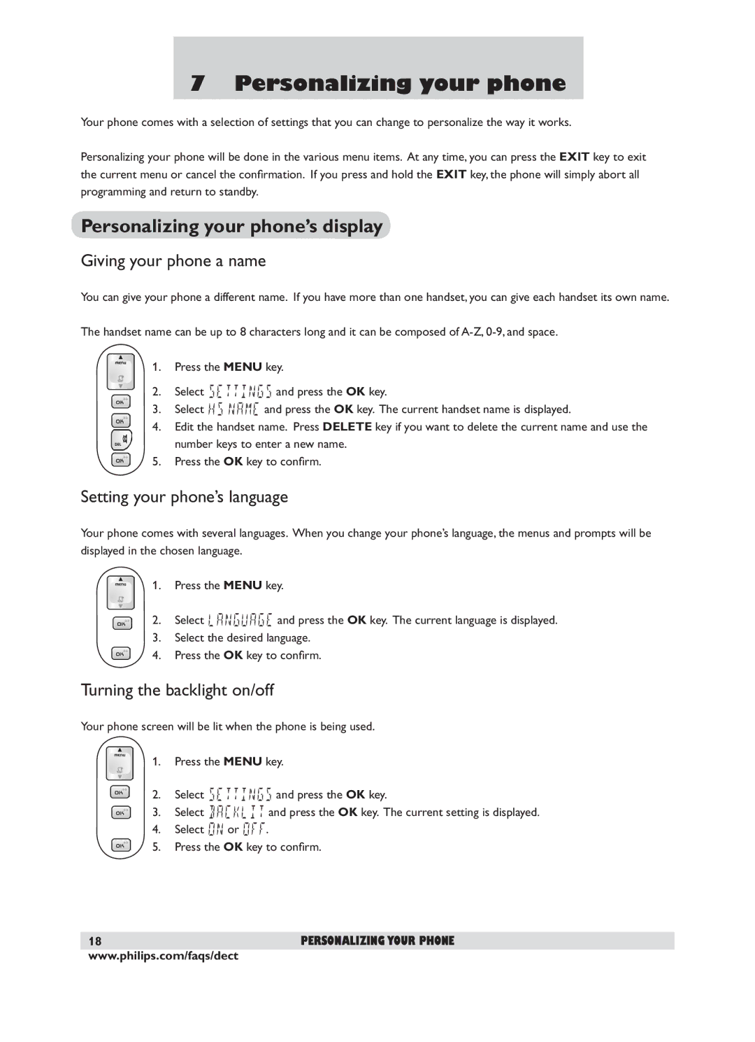 Philips DECT 221 Personalizing your phone’s display, Giving your phone a name, Setting your phone’s language 