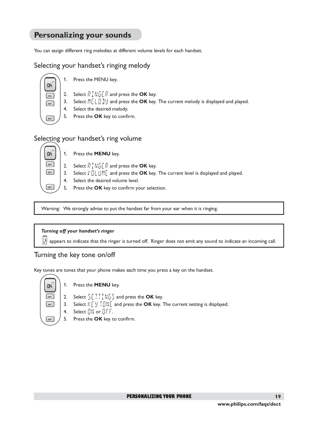 Philips DECT 221 Personalizing your sounds, Selecting your handset’s ringing melody, Selecting your handset’s ring volume 