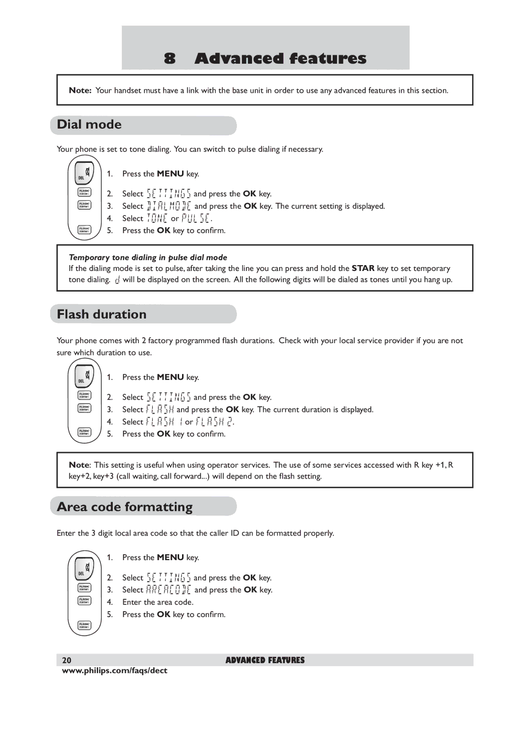 Philips DECT 221 user manual Advanced features, Dial mode, Flash duration, Area code formatting 