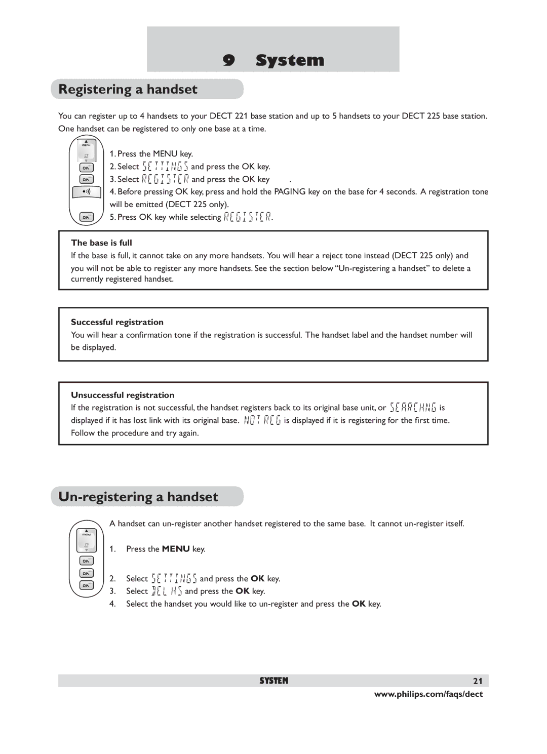 Philips DECT 221 user manual System, Registering a handset, Un-registering a handset 